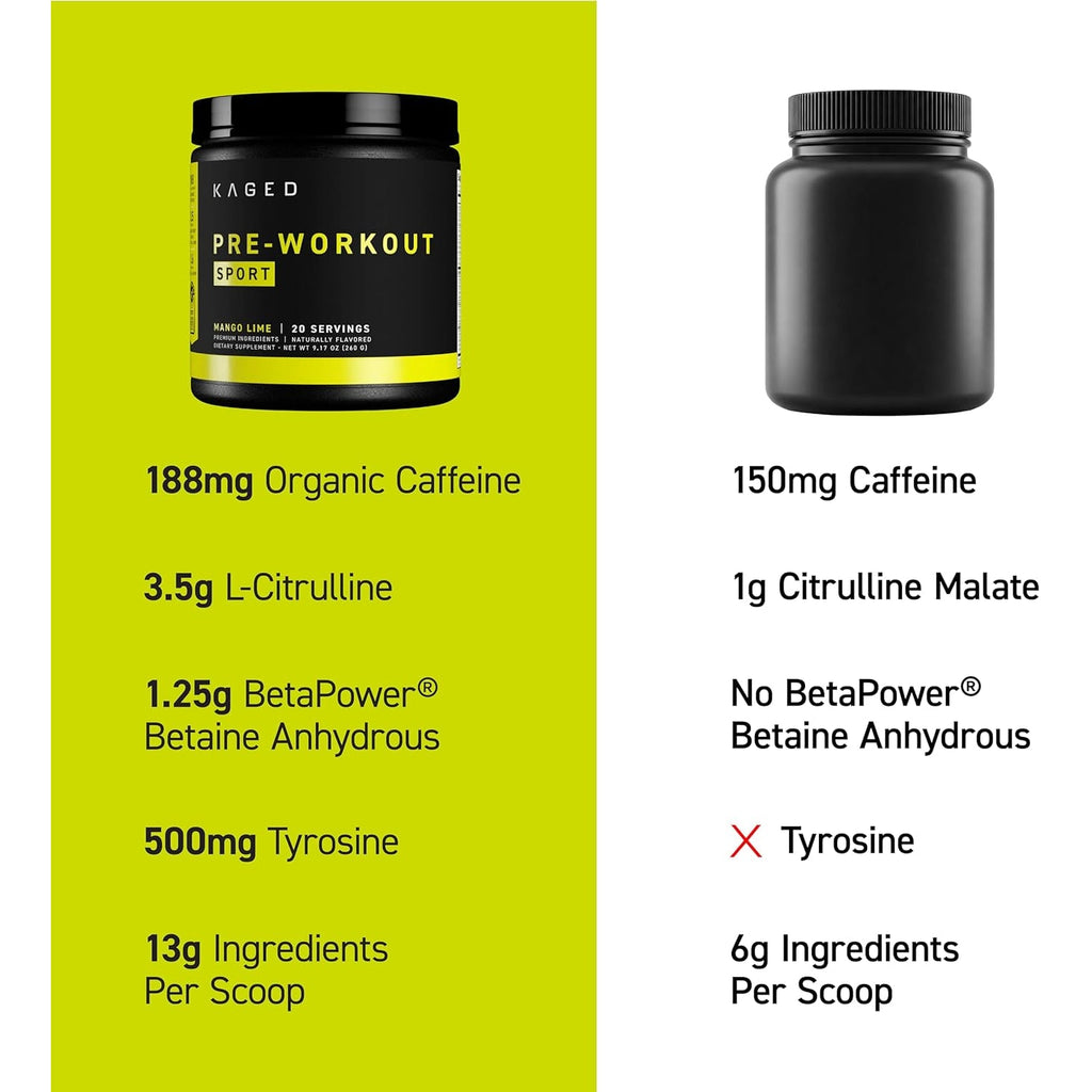 Kaged Sport Pre Workout Powder for Men & Women, Mango Lime, Sport Certified, 188Mg Caffeine, Nitric Oxide Supplement, Beta Alanine for Energy, Weightlifting, Cardio Endurance & Strength, 20 Servings