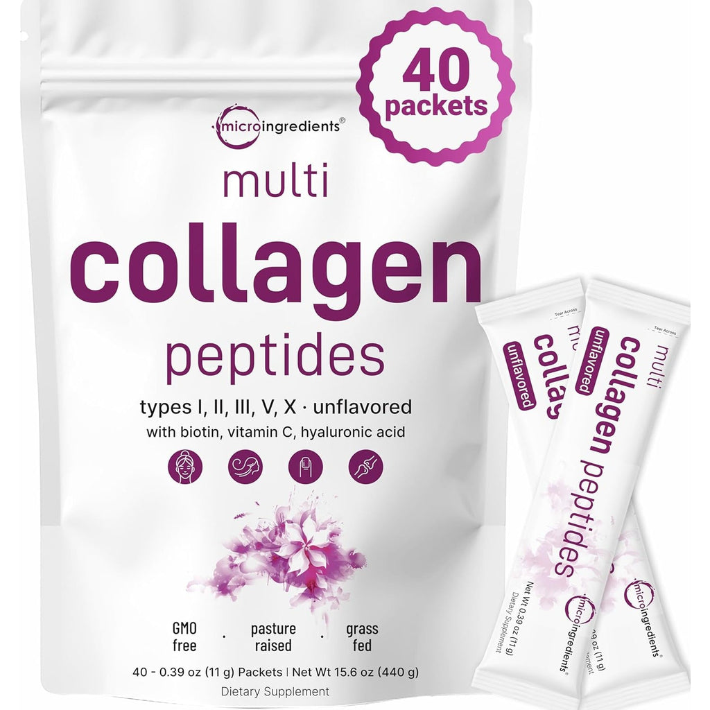 Micro Ingredients Multi Collagen Peptides Powder, 40 Stick Packs | Type I, II, III, V, X + Biotin, Vitamin C & Hyaluronic Acid | Unflavored | Supports Hair, Skin & Joint Health | Keto, Non-Gmo