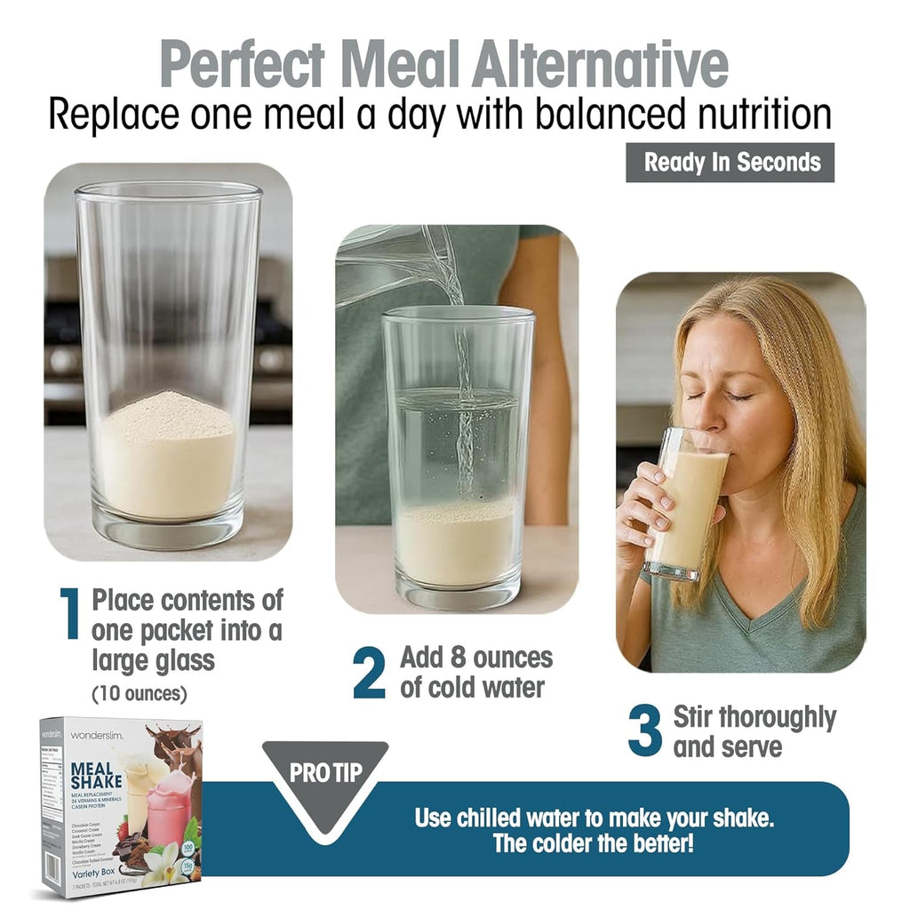 Wonderslim Meal Replacement Shake, Variety Pack, 15G Protein, 24 Vitamins & Minerals, Gluten Free (7Ct)