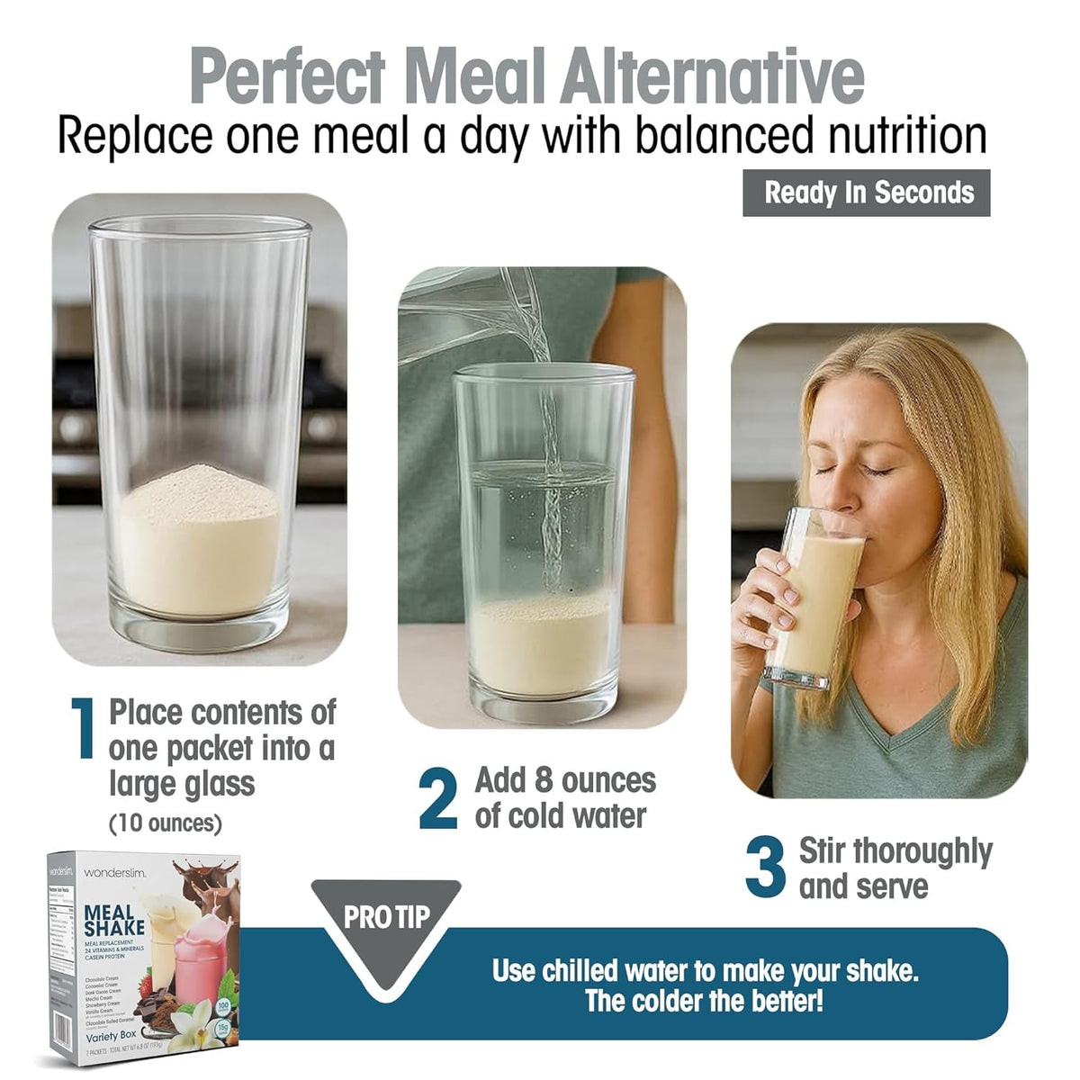 Wonderslim Meal Replacement Shake, Variety Pack, 15G Protein, 24 Vitamins & Minerals, Gluten Free (7Ct)