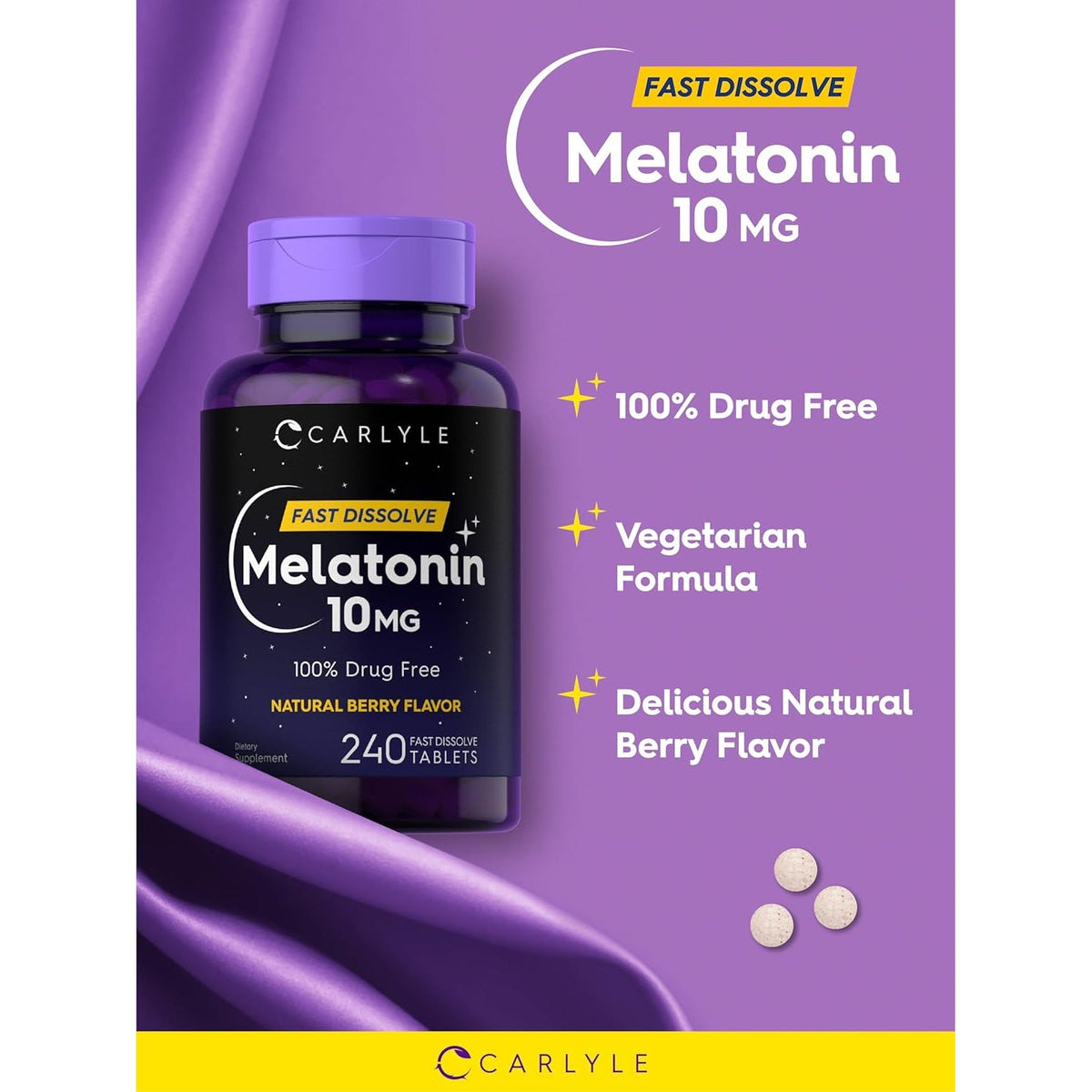 Carlyle Melatonin 10Mg Fast Dissolve Tablets | 240 Count | Berry Flavor | 100% Drug Free | Vegetarian, Non-Gmo, Gluten Free Supplement
