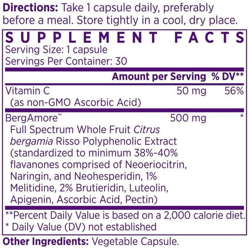 NAOMI Italian Citrus Bergamot 500Mg - Supports Healthy Cholesterol & Triglyceride Levels Already in Normal Range - Patented Bergamore® Extract, 7 Key Polyphenols, 1-Capsule Daily, 30-Day Supply