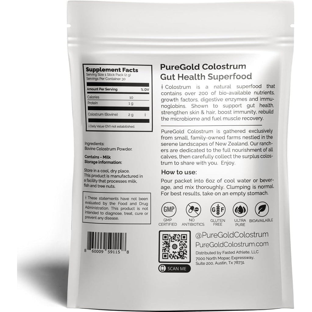 Puregold - Bovine Colostrum Powder - 100% Pure New Zealand Grass Fed, Supports Gut Health, Skin, Hair, & Immunity – Colostrum Supplement, Unflavored, 30 Travel Packets