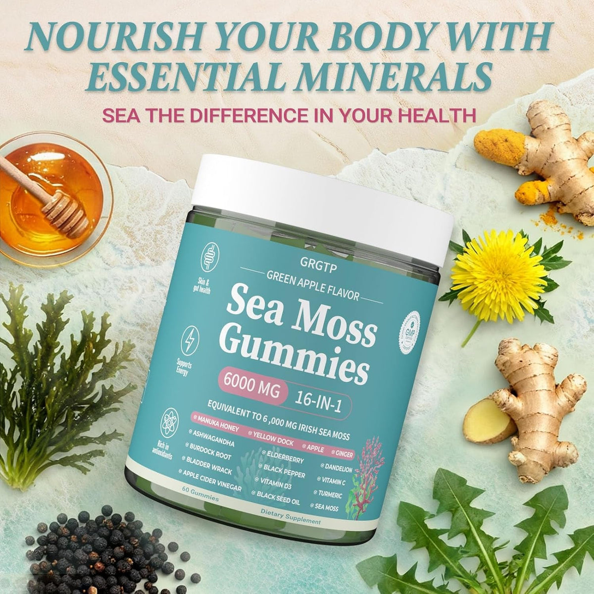 Sea Moss Gummies 16-In-1 - Ashwagandha Black Seed Oil Bladder Wrack Turmeric Vitamin C & D3 with Manuka Burdock Root Dandelion Yellow Dock Natural Detox & Liver Health Immune Support, Energy Boost