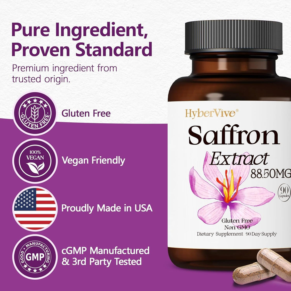 Saffron Supplements 88.5MG | 90 Vegan Capsules, Happy Saffron Extract for Mood Energy Eye Focus Support for Women & Men, 100% Pure Ingredients, Made in USA, Non-Gmo & Gluten-Free
