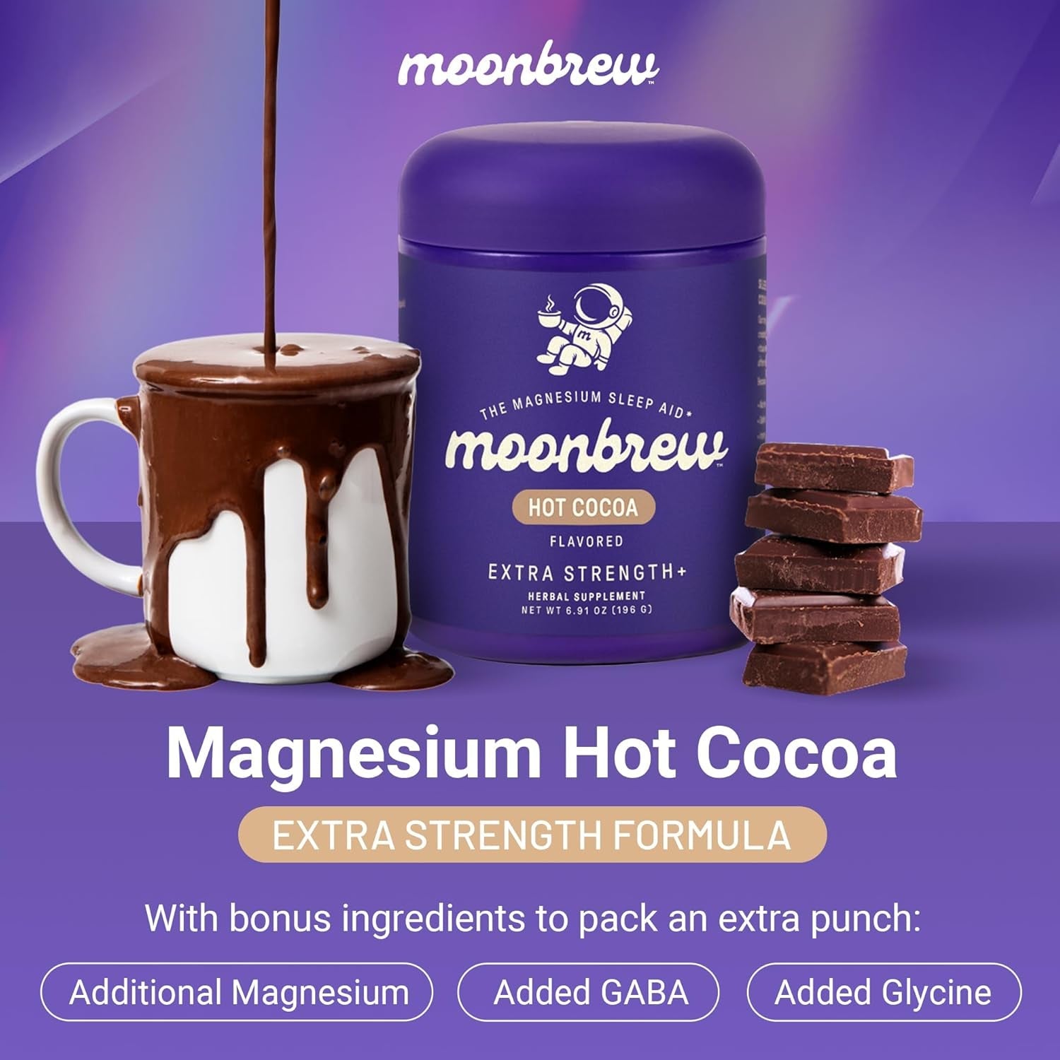 Moonbrew Nighttime Extra Strength Magnesium Hot Cocoa, Natural Sleep Aid Drink Mix for Adults - Calming Melatonin-Free Sleep Support - Hot Chocolate Powder with L-Theanine & Zinc Glycinate
