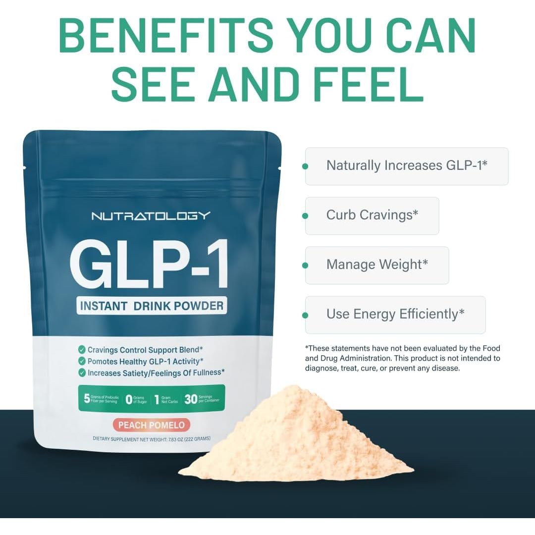 GLP-1 Booster | Control Cravings, Appetite Support & Gut Health | High in Fiber & Sugar-Free Drink Mix | GLP1 Supplements Weight Loss Women & Men | Peach Pomelo Flavor | Made in USA | 30 Servings