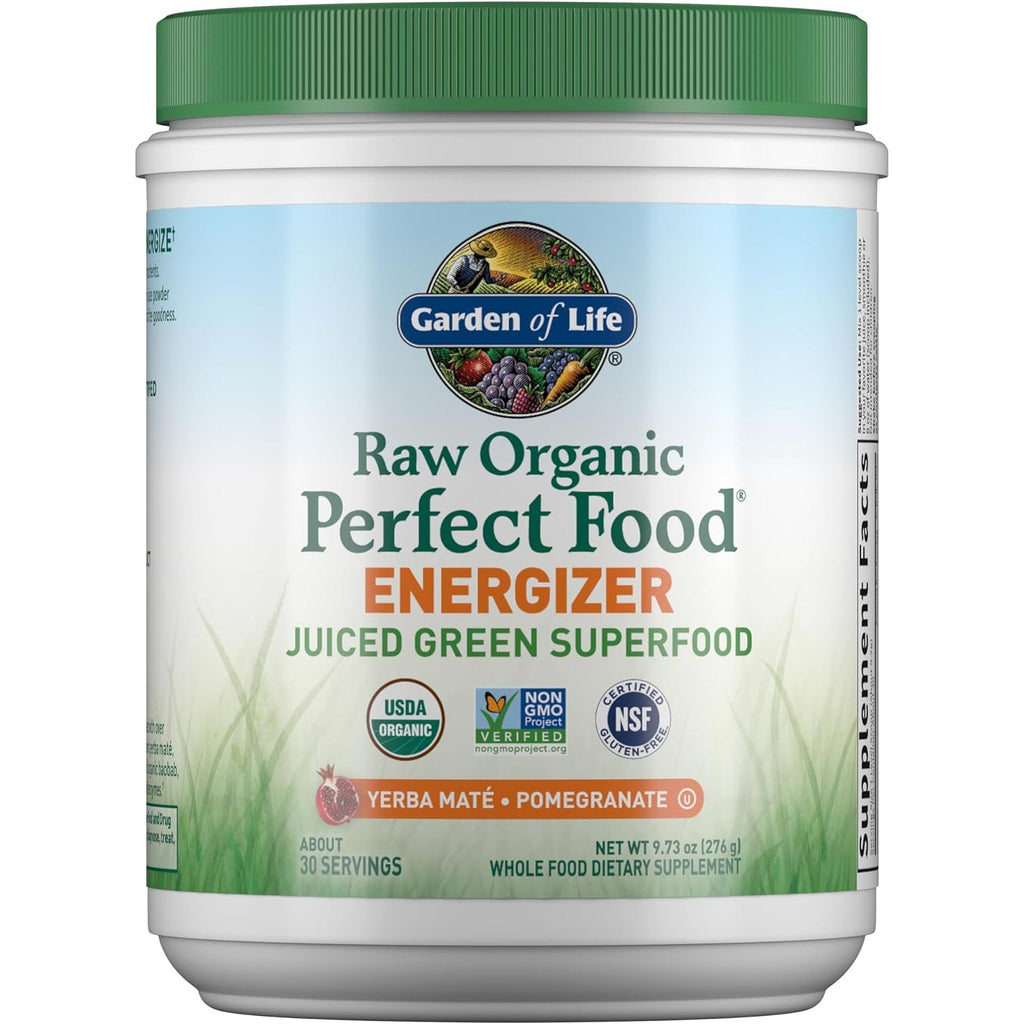 Garden of Life Raw Organic Perfect Food Energizer Juiced Green Superfood Powder - Yerba Mate Pomegranate, 30 Servings, Green Superfood Powder & Probiotics, Gluten Free Whole Food Greens Supplements