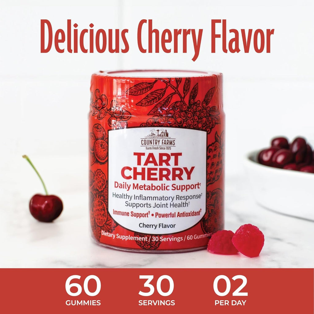 Country Farms Tart Cherry Gummies, Dialy Metabolic Support, Supports Bone Health, Packed with Potent Antioxidants, Cherry Flavor, 60 Gummies