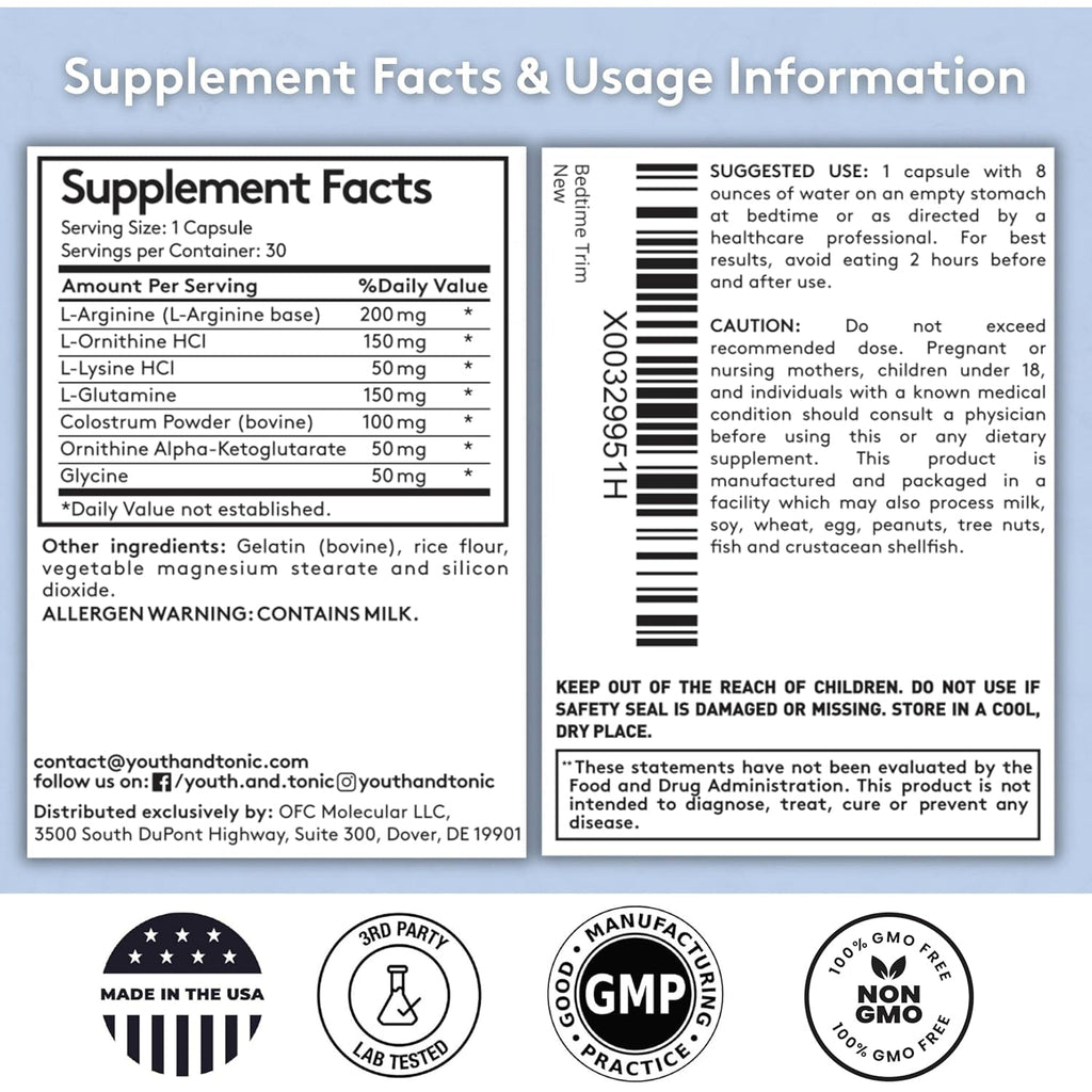 Youth & Tonic PM Bedtime Trim for Lean Appearance & Muscle Definition Support – Nighttime Amino Acids Supplement for Overnight Recovery, Men & Women, 30 Capsules