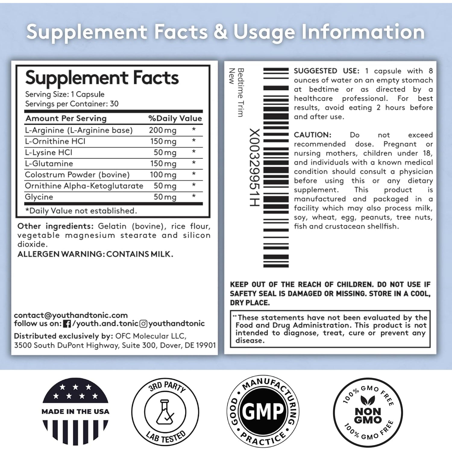 Youth & Tonic PM Bedtime Trim for Lean Appearance & Muscle Definition Support – Nighttime Amino Acids Supplement for Overnight Recovery, Men & Women, 30 Capsules