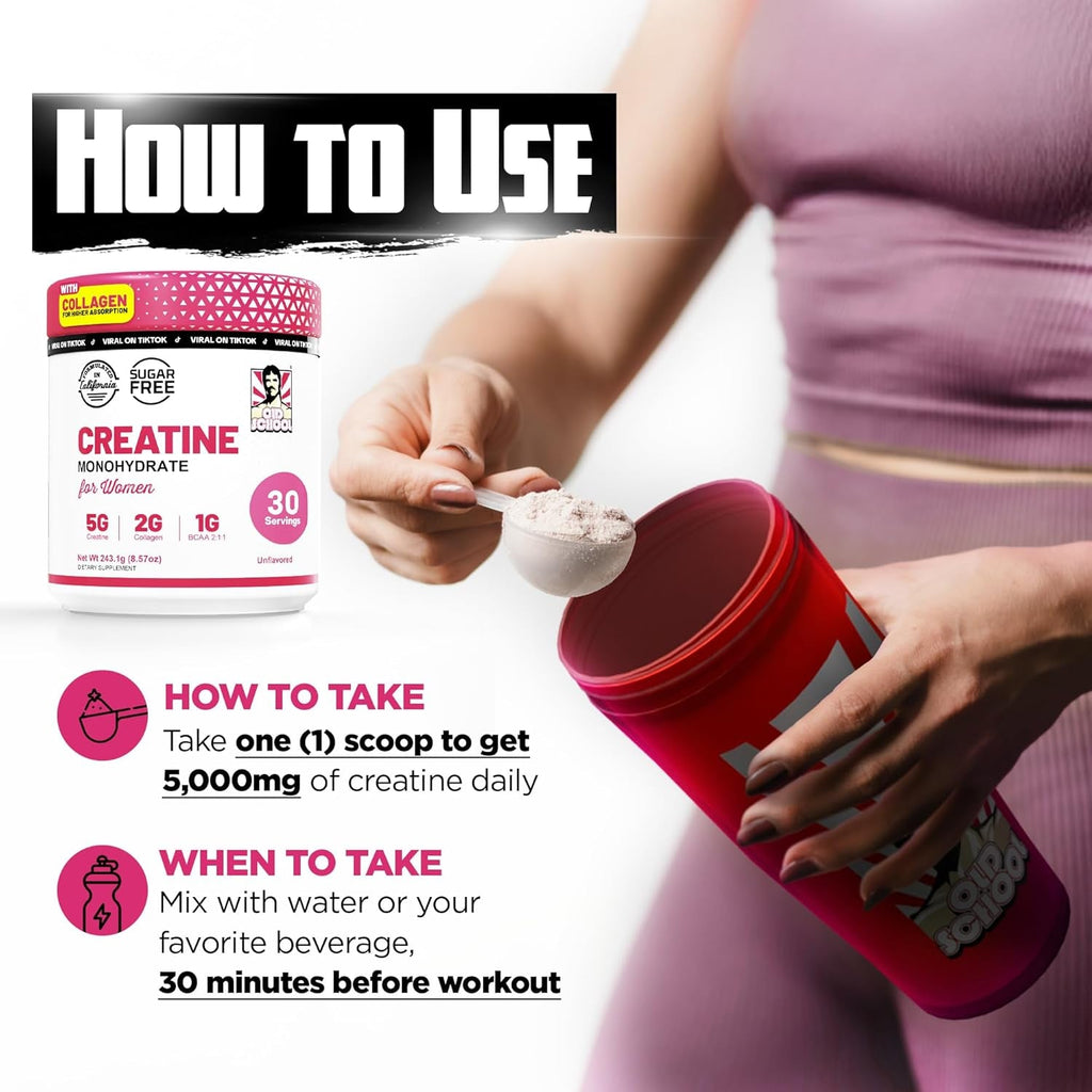 Old School Labs Creatine for Women – Post-Workout Supplement with 5000Mg Creatine Monohydrate Powder, 2000Mg Collagen & BCAA 2:1:1 for Strength Support & Recovery – Unflavored - 8.57 Ounce (Pack of 1)