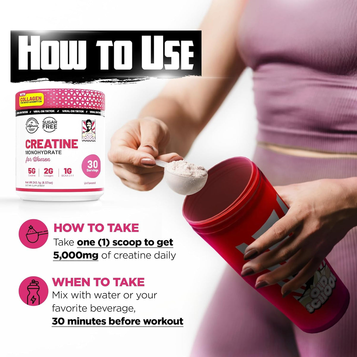 Old School Labs Creatine for Women – Post-Workout Supplement with 5000Mg Creatine Monohydrate Powder, 2000Mg Collagen & BCAA 2:1:1 for Strength Support & Recovery – Unflavored - 8.57 Ounce (Pack of 1)