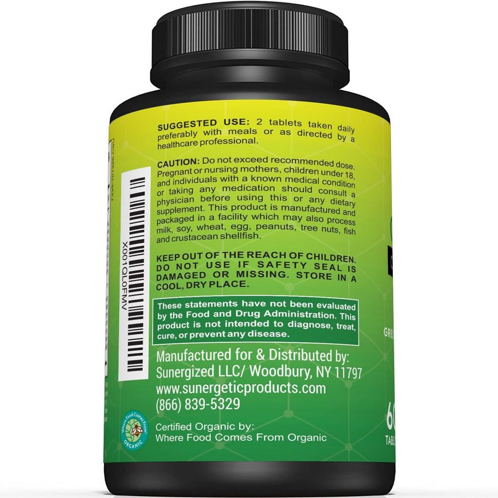 Sunergetic Premium USDA Organic Greens Superfood Tablets – Greens Superfood Powder Includes Veggies, Fruits & Polyphenols – Daily Greens Superfood Powder Supplement– 60 Greens Tablets