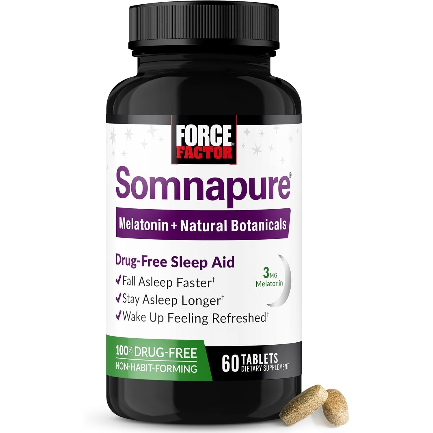Force Factor Somnapure Drug-Free Sleep Aid for Adults for Occasional Sleeplessness with Melatonin & Valerian, Non-Habit-Forming Sleeping Pills, Fall Asleep Faster, Wake up Refreshed, 60 Tablets