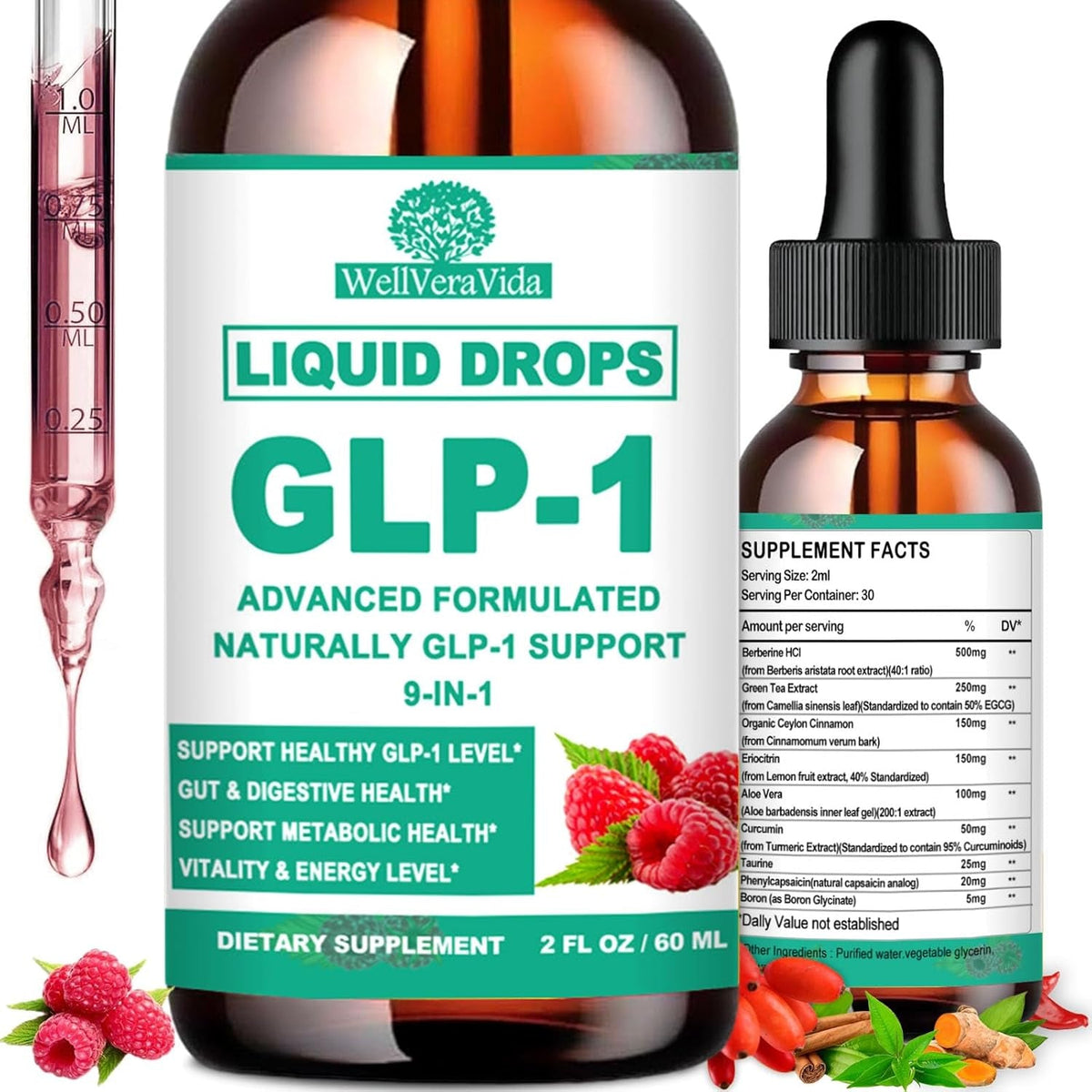 GLP-1 Supplements Drops | 9-In-1 Premium GLP1 Boost W. Berberine, Ceylon Cinnamon, Green Tea Extra- Ct Eriocitrin, Naturally GLP 1 Support for Metabolism & Gut Digestion丨Raspberry, Sugar Free