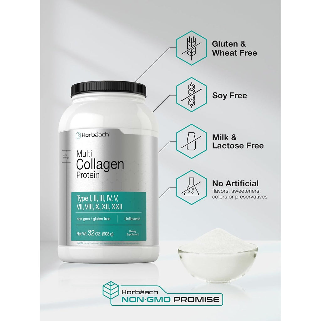 Horbaach Multi Collagen Protein Powder 32 Oz | Types I, II, III, IV, V, VII, VIII, X, XII, and XXII | Grassfed Collagen Peptides | Keto & Paleo Friendly | Unflavored & Gluten Free