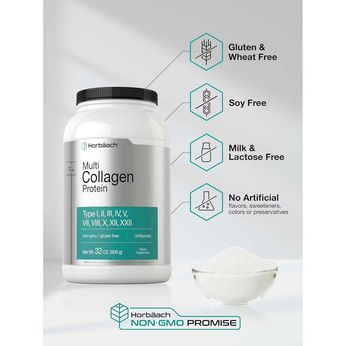 Horbaach Multi Collagen Protein Powder 32 Oz | Types I, II, III, IV, V, VII, VIII, X, XII, and XXII | Grassfed Collagen Peptides | Keto & Paleo Friendly | Unflavored & Gluten Free