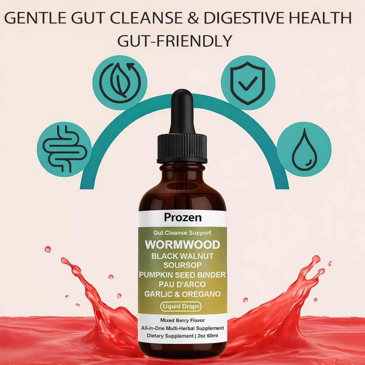 Prozen Wormwood Gut Cleanse Liquid Drops, Wormwood Black Walnut Clove Gut Cleanser for Adults with Soursop, Pumpkin Seed, PAU D'Arco, Garlic Oregano, Boosts Energy, Gut Health & Absorption, 2Oz (1)