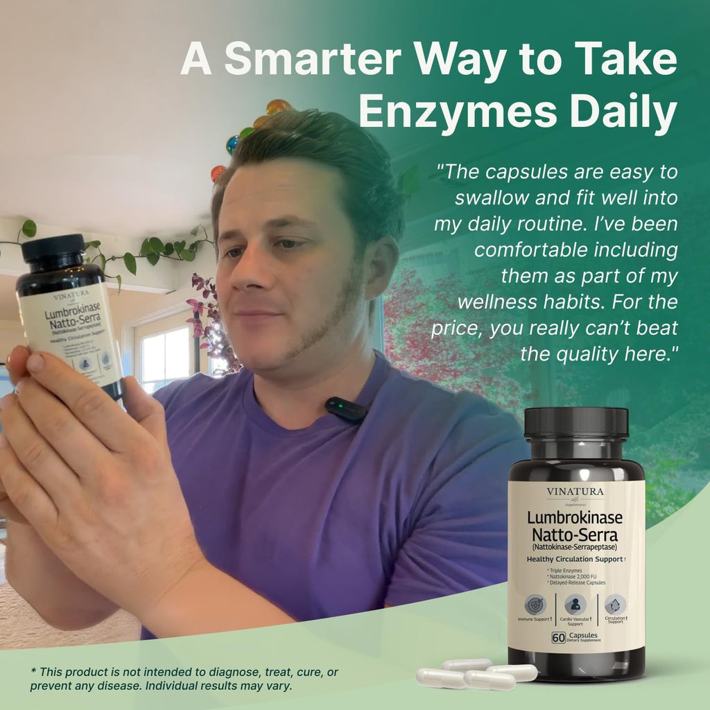 VINATURA Lumbrokinase Serrapeptase Nattokinase - Nattokinase 2000 FU, Lumbrokinase Enzymes Supplement for Blood Circulation Support - 60 Capsules