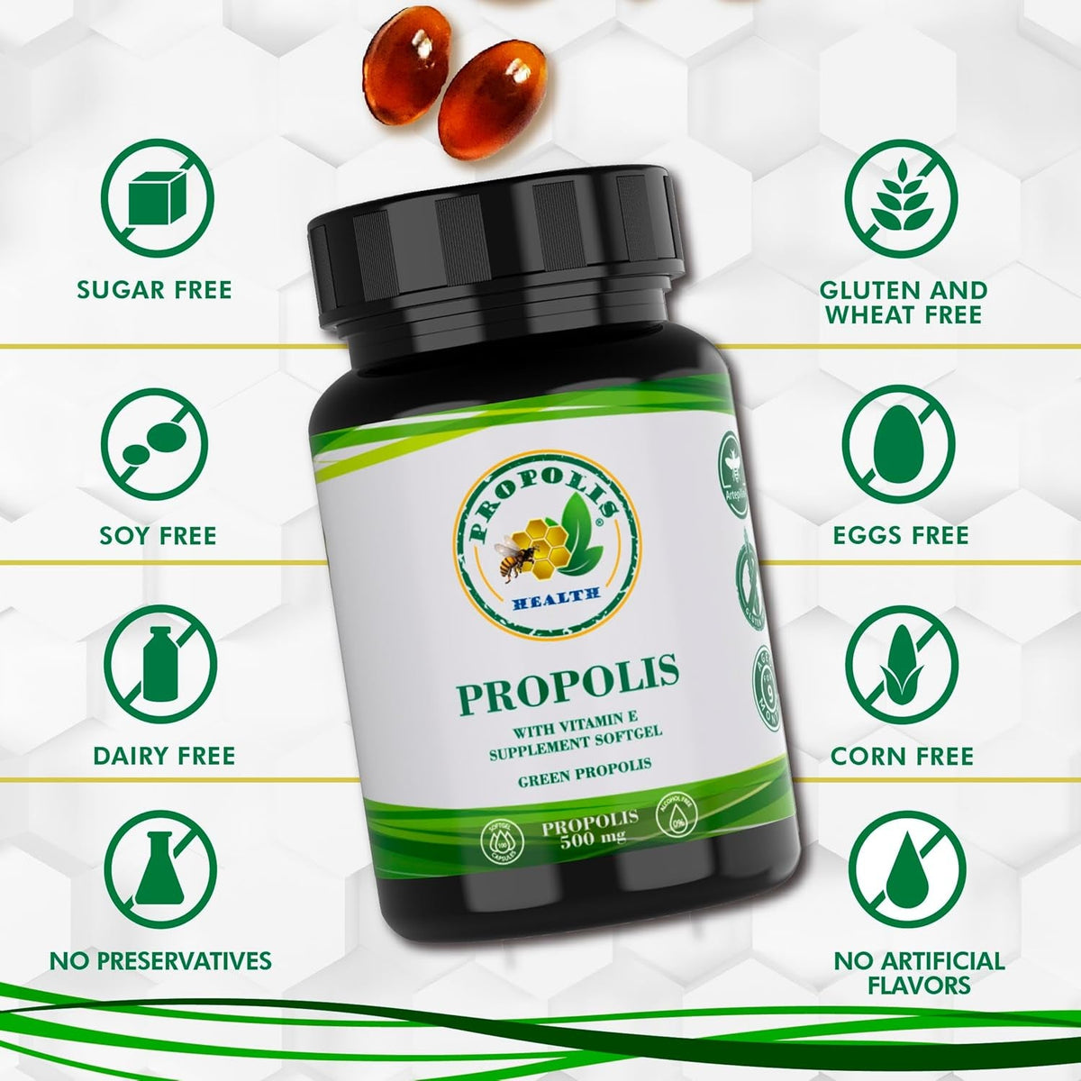 Propolis Health Propolis Capsules 1000Mg-Daily with Vitamin E per Dose - Pure Brazilian Green Propolis Extract - Immune Booster 50 Days Supply -100 Capsules