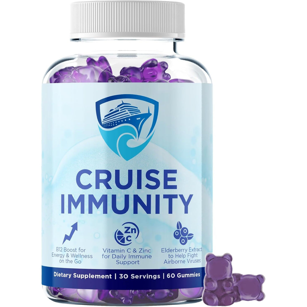 Immune Support Gummies for Cruisers with Vitamin C, B12, Zinc, Elderberry Extract, 60 Gummies, 30 Servings, Cruise and Travel Specific Wellness Supplement