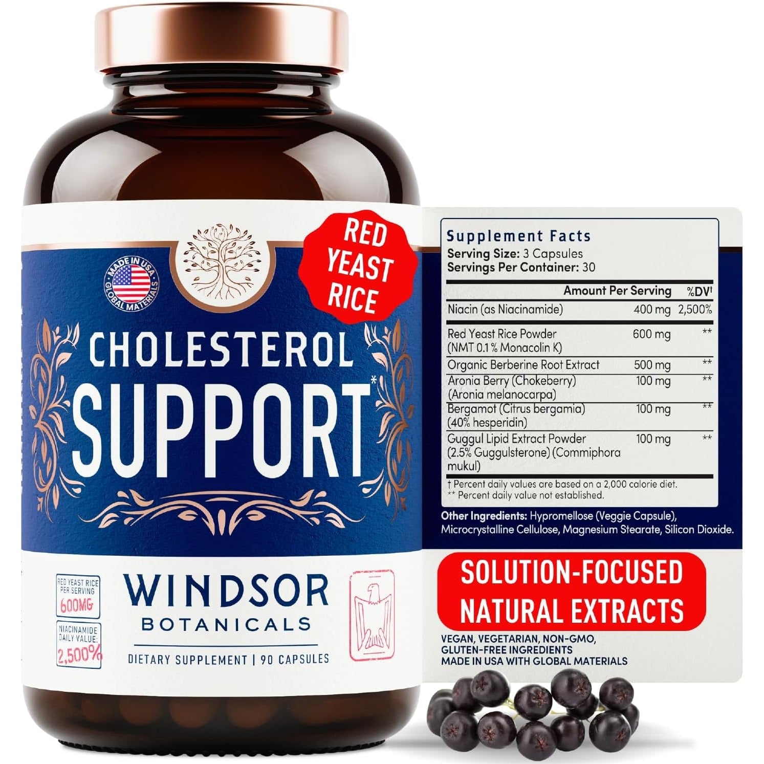 WINDSOR BOTANICALS Cholesterol Supplements - Citrus Bergamot, Niacin, Red Yeast Rice, Berberine, Aronia Berry Extract to Support Normal HDL and LDL Cholesterol Levels - 90 Vegan, Non-Gmo Capsules