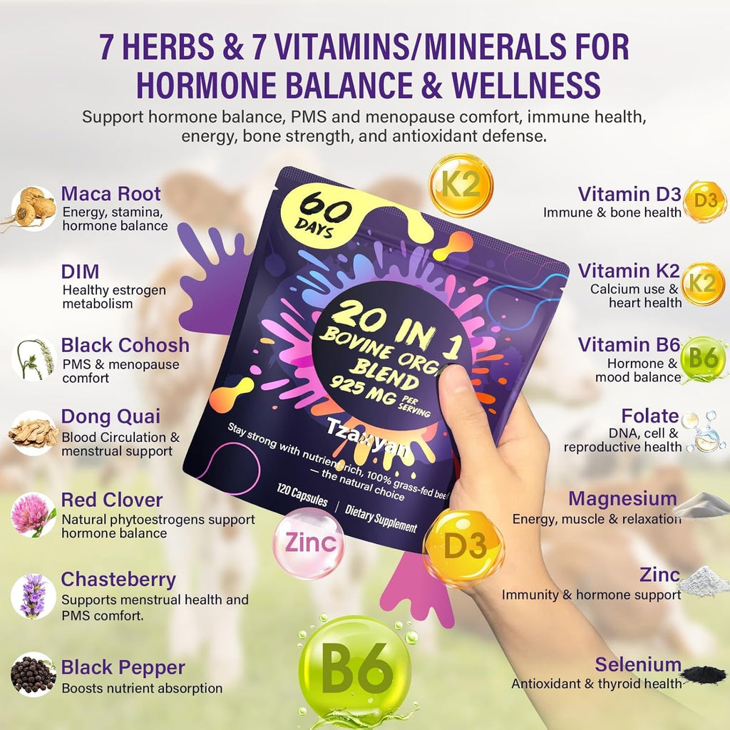 20-In-1 Beef Organ Supplement for Women, 925MG Grass Fed Beef Liver, Uterus, Ovary & 3 More with Maca, DIM, Black Cohosh, Vitamin & Mineral, Bovine Organ Capsules for Hormone Balance, Energy, 60 Days