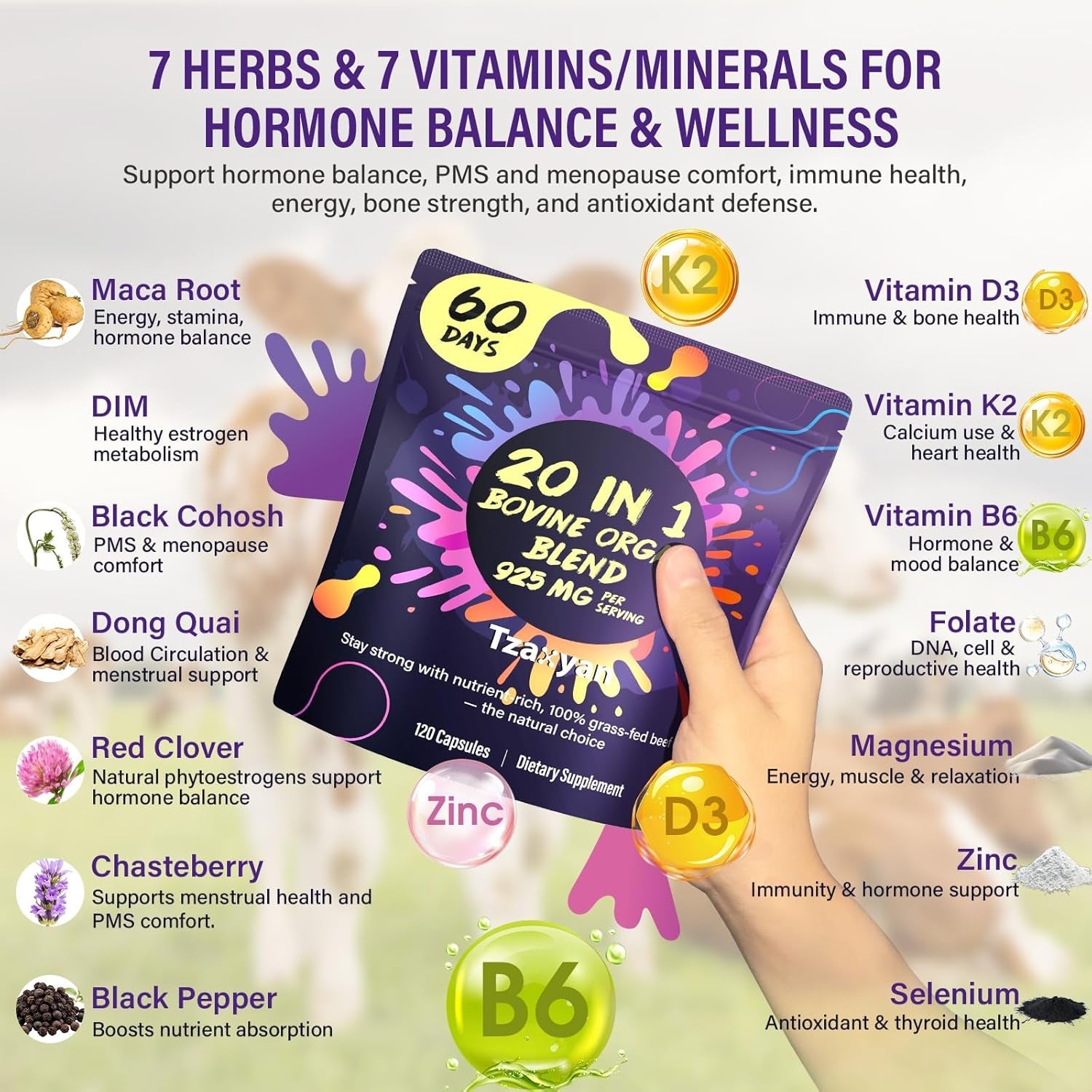 20-In-1 Beef Organ Supplement for Women, 925MG Grass Fed Beef Liver, Uterus, Ovary & 3 More with Maca, DIM, Black Cohosh, Vitamin & Mineral, Bovine Organ Capsules for Hormone Balance, Energy, 60 Days