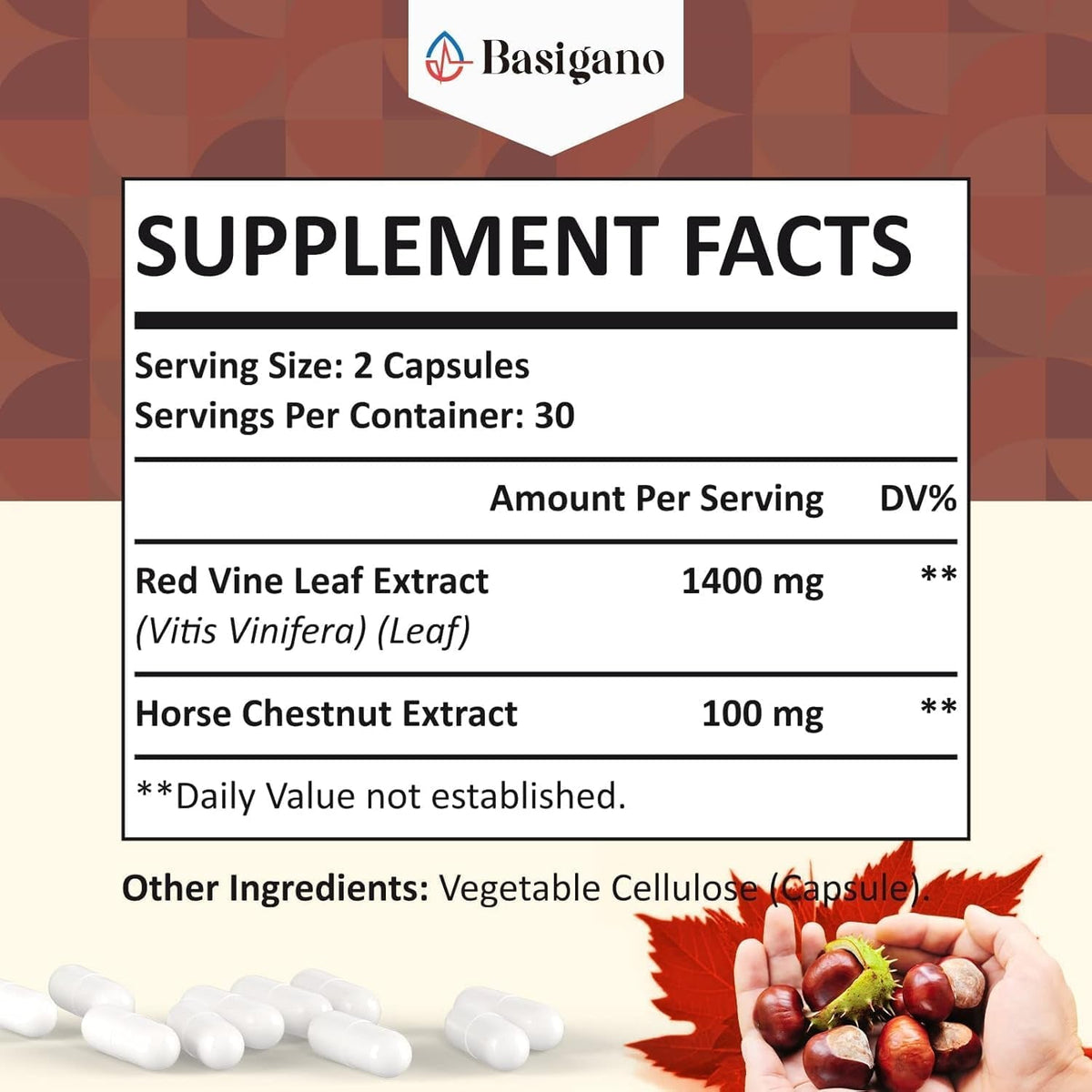 Red Vine Leaf & Horse Chestnut Extract Capsule Supplements (Vitis Vinifera) 1500Mg -Premium Extract for Healthy Veins, Circulation, Heart, Skin (1 Pack)
