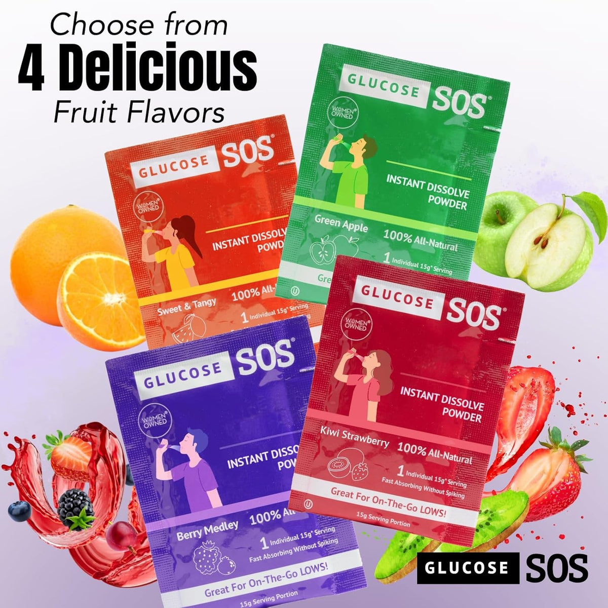 Glucose SOS Glucose Powder Packets with Natural Dextrose, Fast-Absorption That Instantly Dissolves in Your Mouth with No Water Needed, Kiwi Strawberry 6 Servings