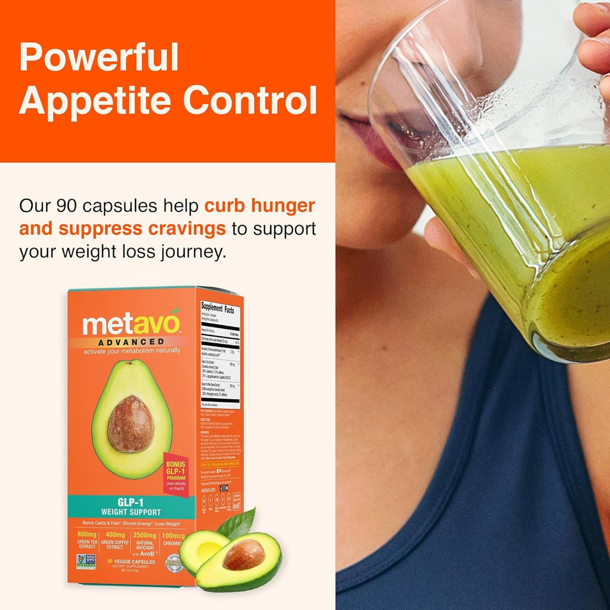 Metavo Advanced Weight Support Natural Diet Supplements with Essential Nutrients for Promoting Wellness, Enriched with Avocados, Green Tea, Chromium & Green Coffee, 90 Easy-To-Swallow Capsules