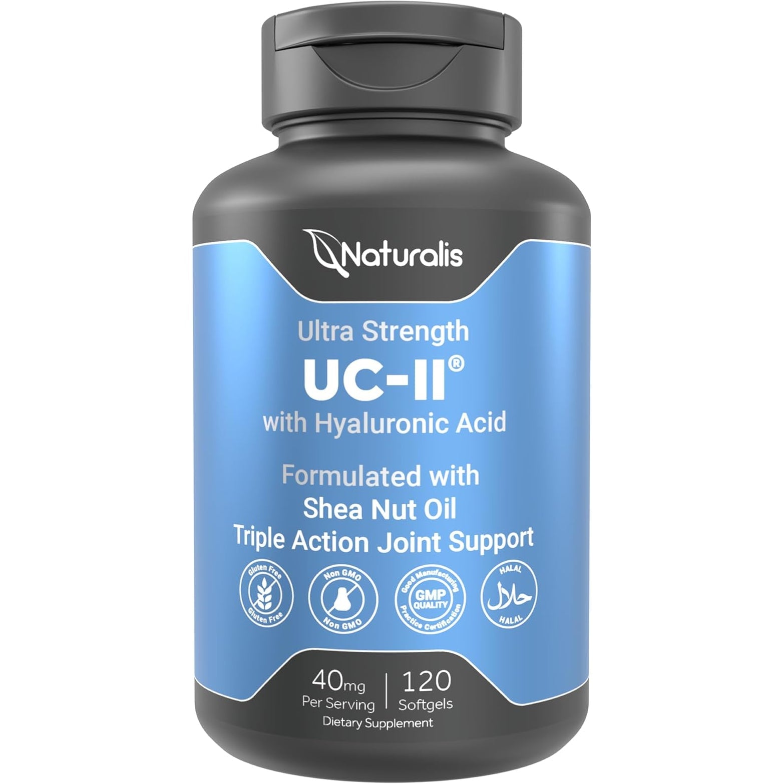 Naturalis UC-II 40 Mg with Hyaluronic Acid and Shea Nut Oil | Enhanced Undenatured Type II Collagen for Better Joint Health, Mobility & Flexibility | Gluten-Free & Non-Gmo | 120 Softgels