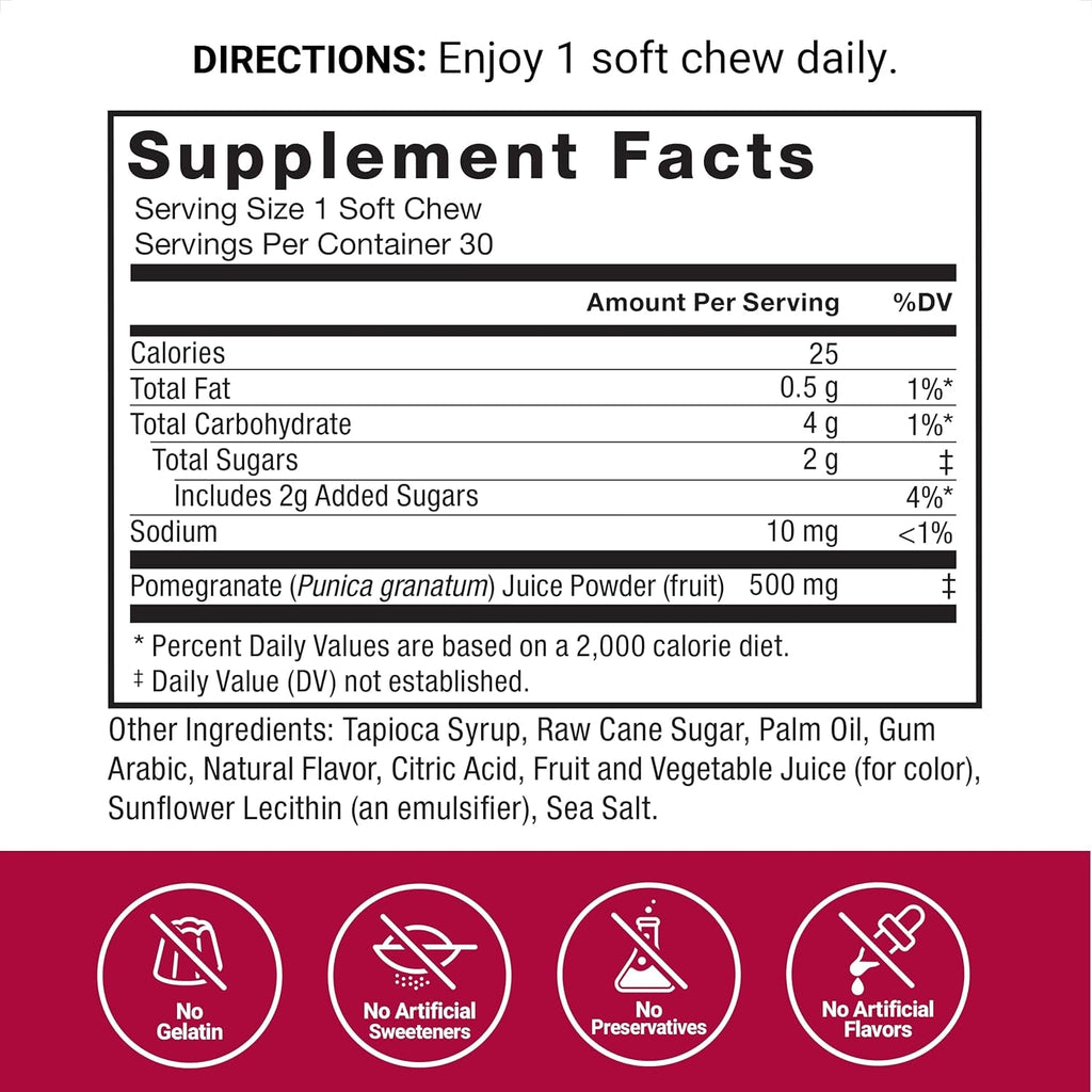 Force Factor Pomegranate Soft Chews for Healthy Aging, Heart, Bone, & Brain Health, Made with Real & Premium Pomegranate Juice Powder, Non-Gmo, Gluten-Free, Vegan, Pomegranate Flavor, 30 Soft Chews