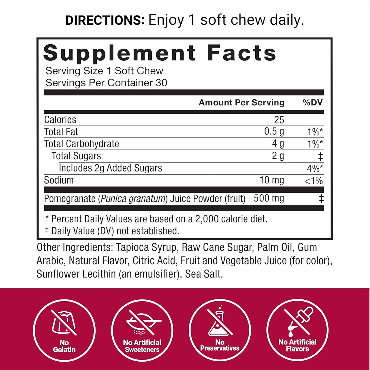 Force Factor Pomegranate Soft Chews for Healthy Aging, Heart, Bone, & Brain Health, Made with Real & Premium Pomegranate Juice Powder, Non-Gmo, Gluten-Free, Vegan, Pomegranate Flavor, 30 Soft Chews