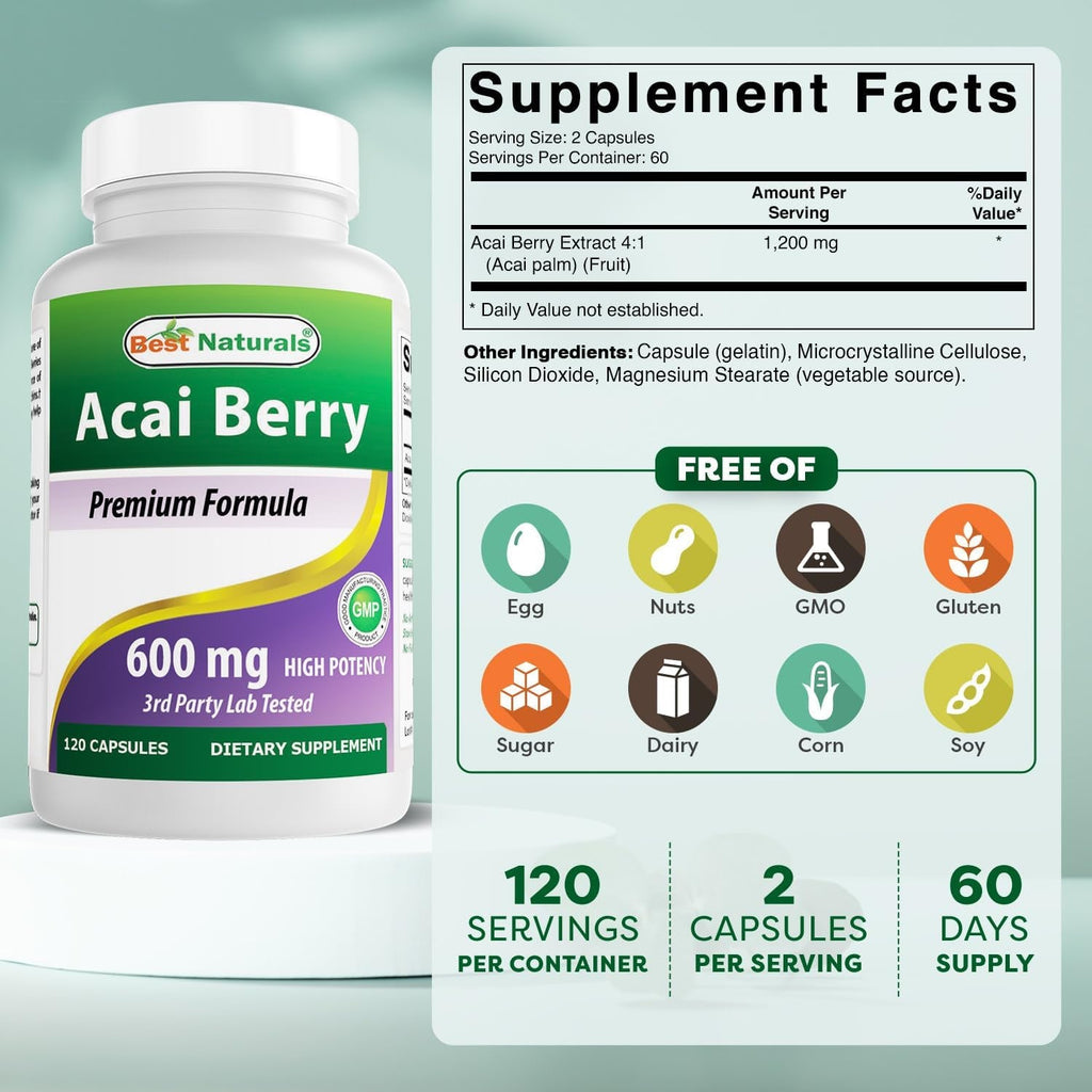 #1 Acai Berry 600Mg per Serving by Best Naturals -- 100% Pure High Potency -- Supports Fat Metabolism -- Manufactured in a USA Based GMP Certified Facility and Third Party Tested for Purity. Guaranteed!! (120 Caps)