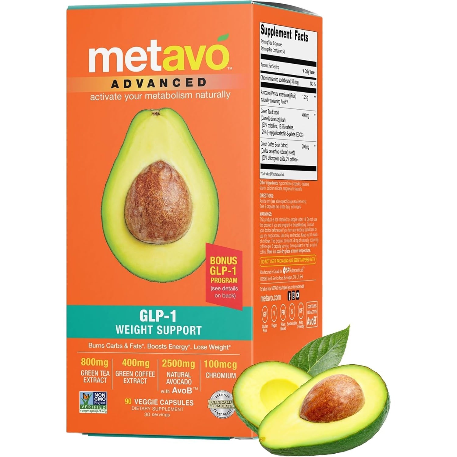 Metavo Advanced Weight Support Natural Diet Supplements with Essential Nutrients for Promoting Wellness, Enriched with Avocados, Green Tea, Chromium & Green Coffee, 90 Easy-To-Swallow Capsules