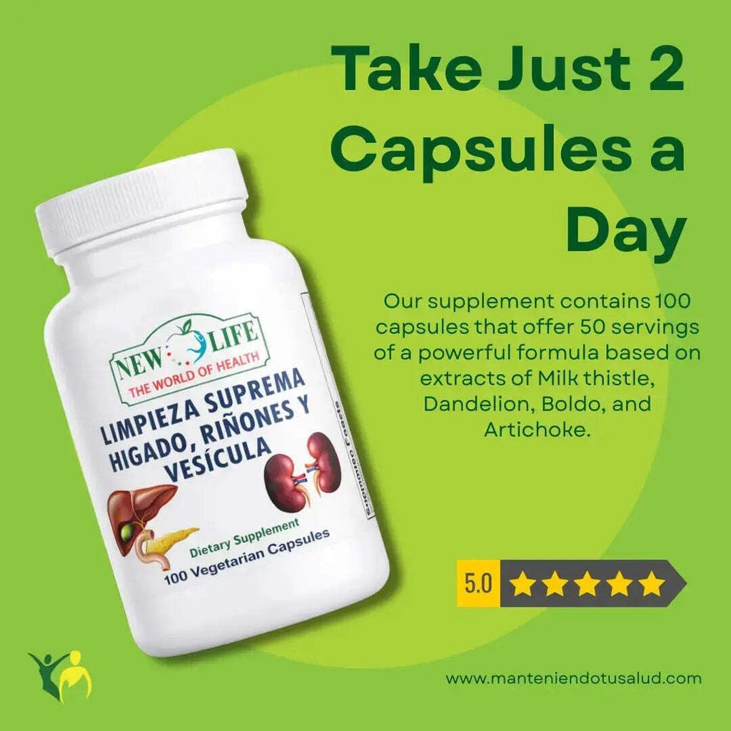 New Life Limpieza Suprema Hígado Riñones Y Vesicula, Healthy Liver Supplement, Dandelion Root, Milk Thistle Extract, 100 Capsules