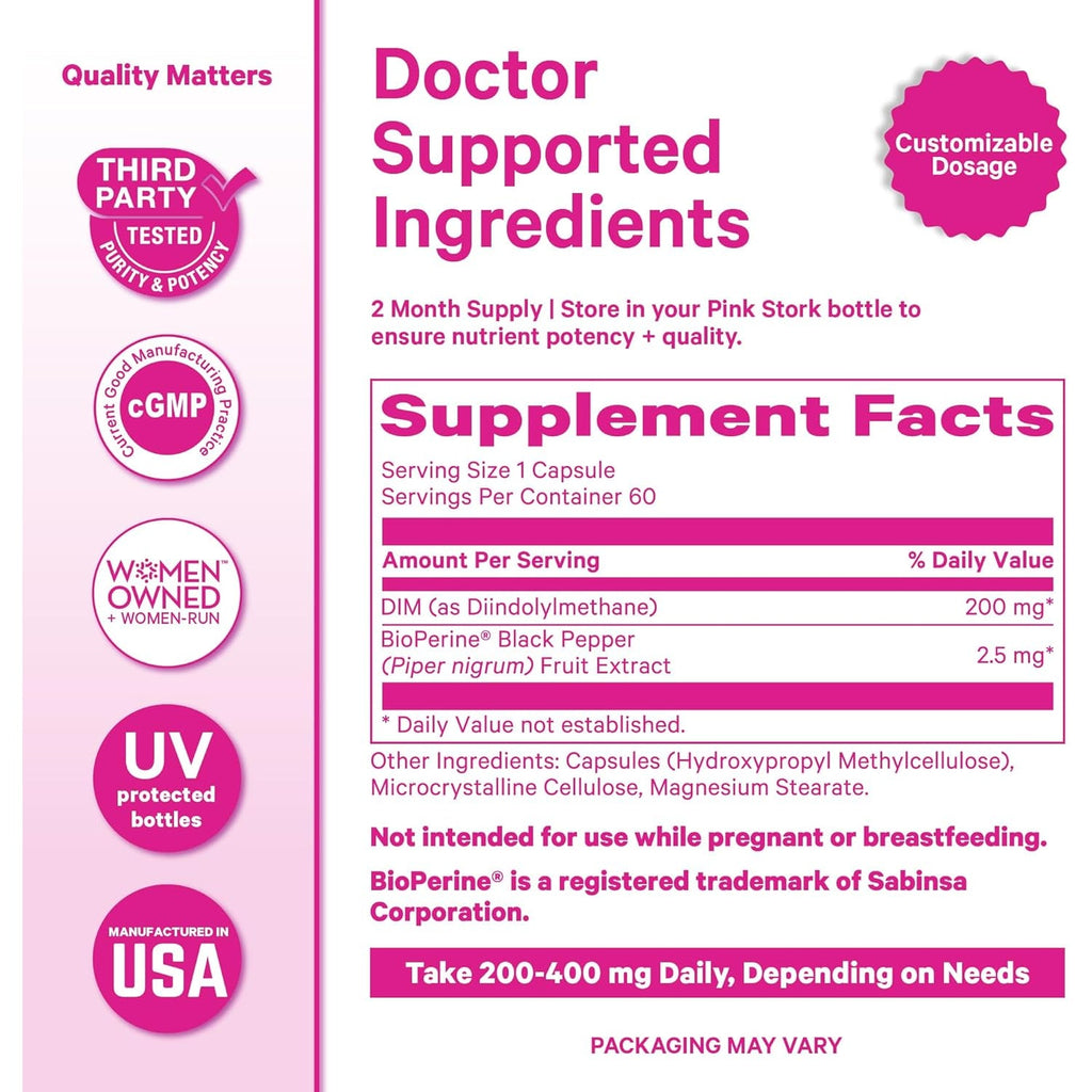 Pink Stork DIM Supplement for Women - Estrogen and Hormone Balance for Menopause, Perimenopause & PMS - DIM 200 Mg plus Bioperine for Mood Support - 60 Day Supply