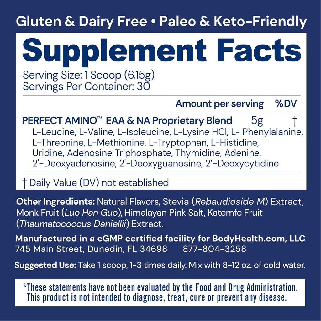 Bodyhealth Perfectamino Powder - BCAA and EAA Powder for Pre and Post Workout - Amino Acid Energy Drink for Men and Women to Support Lean Muscle and Recovery - Chocolate - 30 Servings