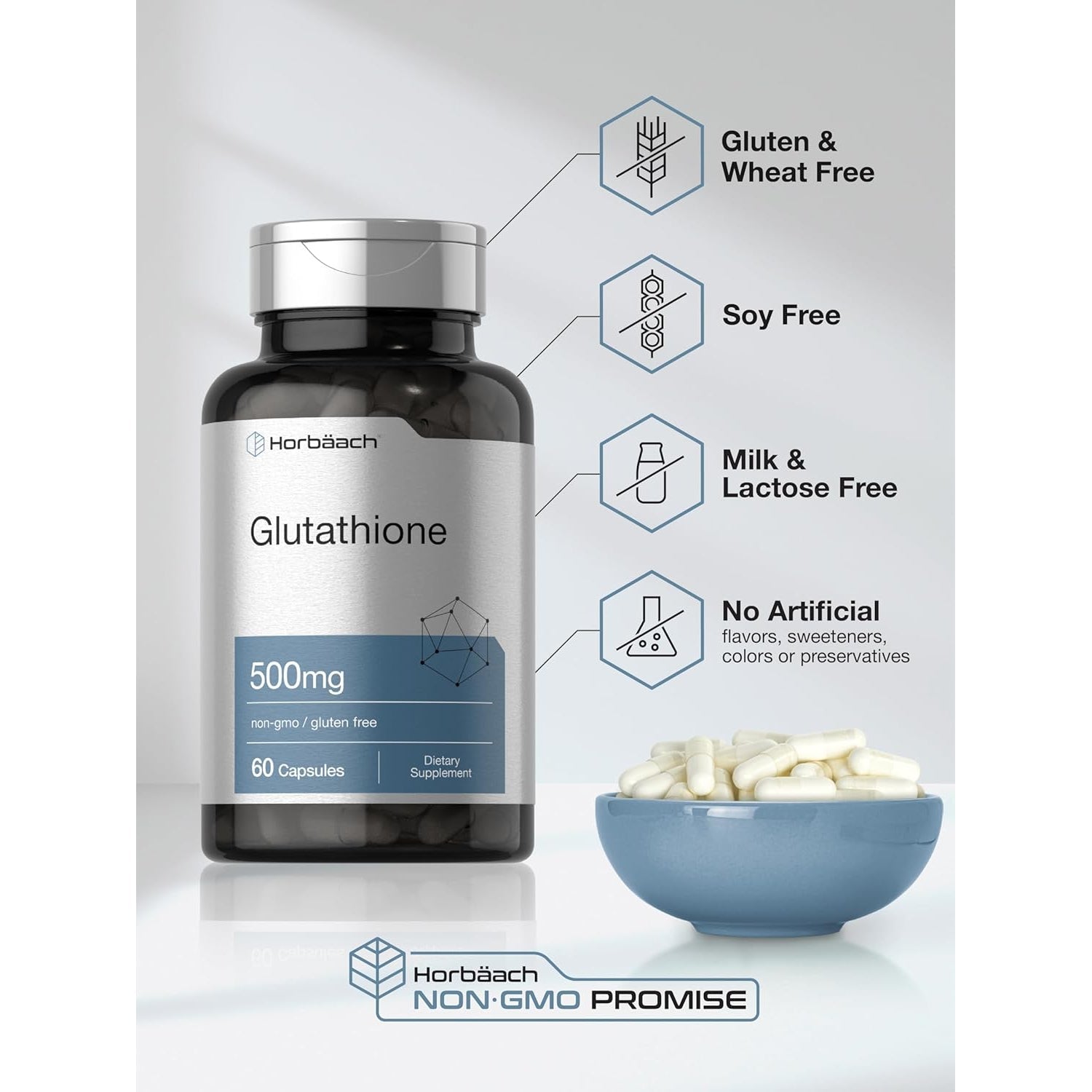 Horbäach Glutathione 500Mg | 60 Capsules | Reduced Form | Non-Gmo & Gluten Free Supplement