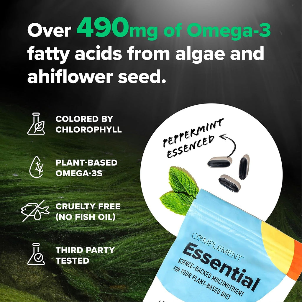 Complement Essential Vegan Multivitamin for Women & Men - Immune Support Supplement with Omega-3 DHA & EPA, B12, Vitamin D3 & K2, Zinc, Selenium, Magnesium, Iodine (30 Servings, 90 Capsules)