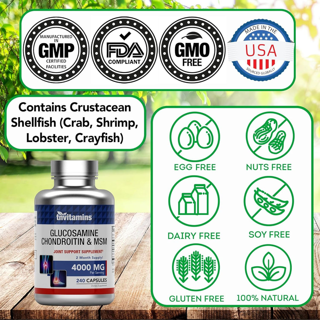 Tnvitamins Glucosamine Chondroitin MSM Capsules, 240 Count | 4,000 Mg per Serving | 2,000 Mg Glucosamine Sulfate 2Kcl + 2,000 Mg MSM & Chondroitin Blend | Joint Support Supplement