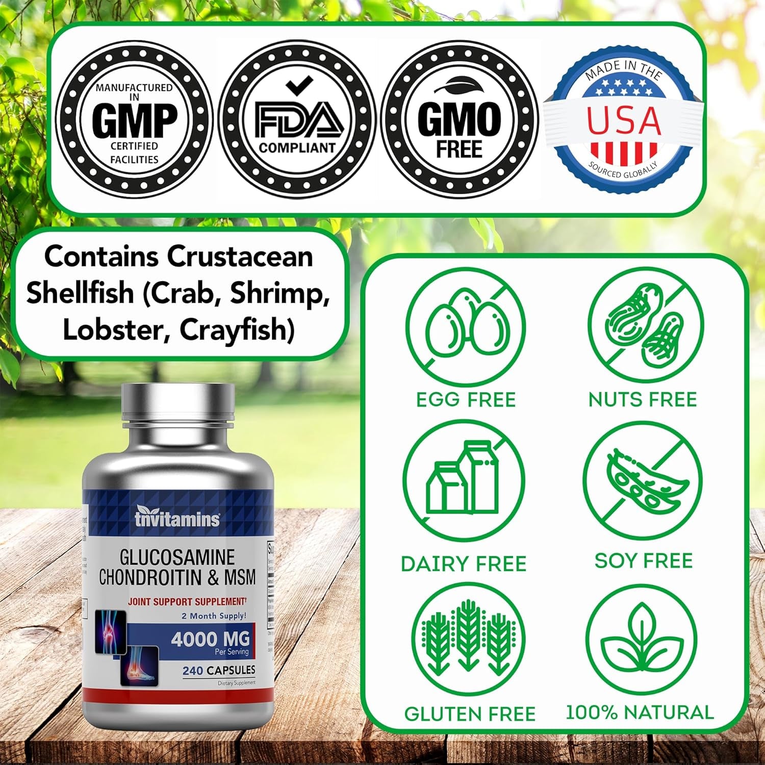 Tnvitamins Glucosamine Chondroitin MSM Capsules, 240 Count | 4,000 Mg per Serving | 2,000 Mg Glucosamine Sulfate 2Kcl + 2,000 Mg MSM & Chondroitin Blend | Joint Support Supplement