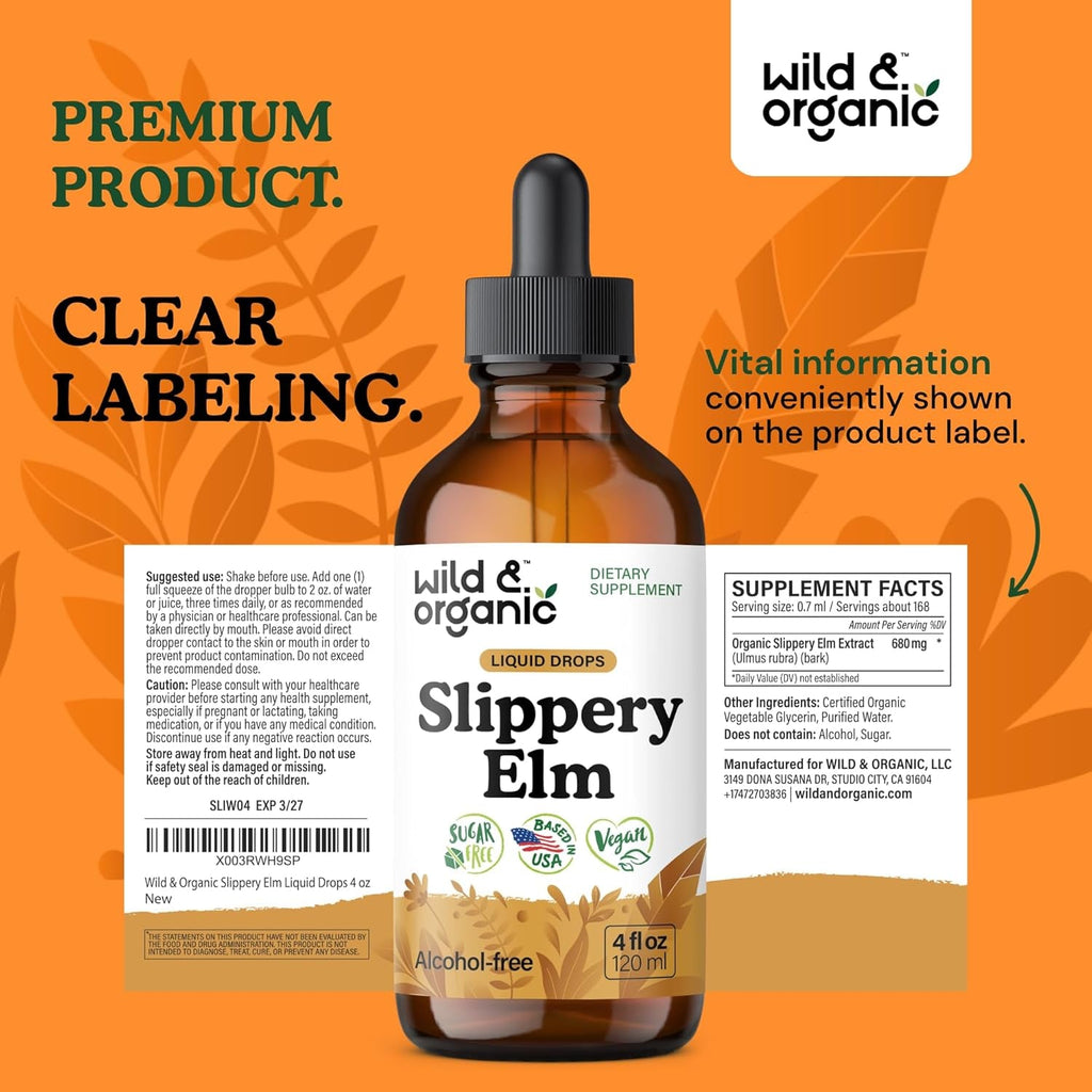 Wild & Organic Slippery Elm Liquid Drops - Lung, Digestive & Women'S Support - Slippery Elm Bark Supplement - Add to Tea Tincture - Ulmus Rubra Herb - Vegan, Sugar & Alcohol-Free - 4 Fl Oz
