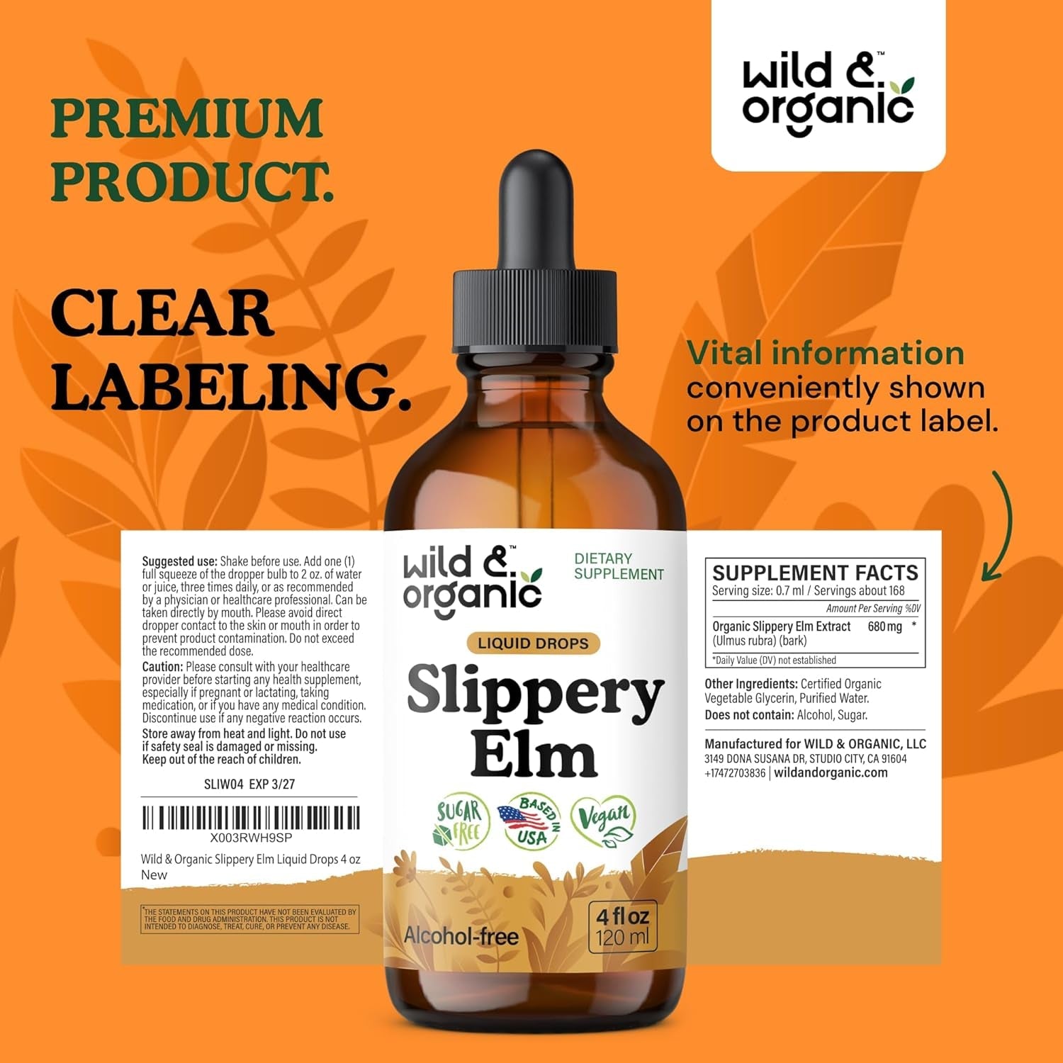Wild & Organic Slippery Elm Liquid Drops - Lung, Digestive & Women'S Support - Slippery Elm Bark Supplement - Add to Tea Tincture - Ulmus Rubra Herb - Vegan, Sugar & Alcohol-Free - 4 Fl Oz