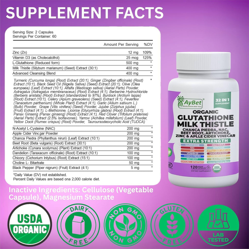 Glutathione NAC Milk Thistle Supplement | Liver Health Support | 32-In-1 Herbal Antioxidant Formula with Chanca Piedra, Turmeric, Dandelion Root, Beet Root & Zinc | Halal Vegan Organic Daily Wellness