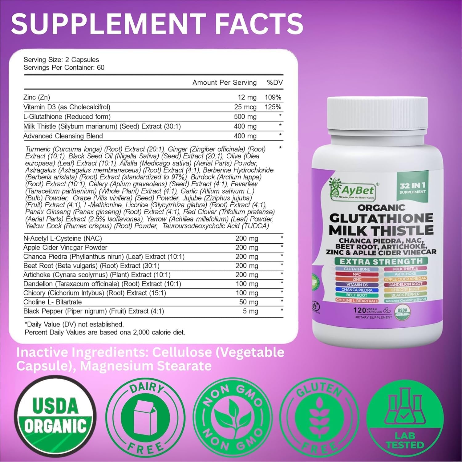 Glutathione NAC Milk Thistle Supplement | Liver Health Support | 32-In-1 Herbal Antioxidant Formula with Chanca Piedra, Turmeric, Dandelion Root, Beet Root & Zinc | Halal Vegan Organic Daily Wellness