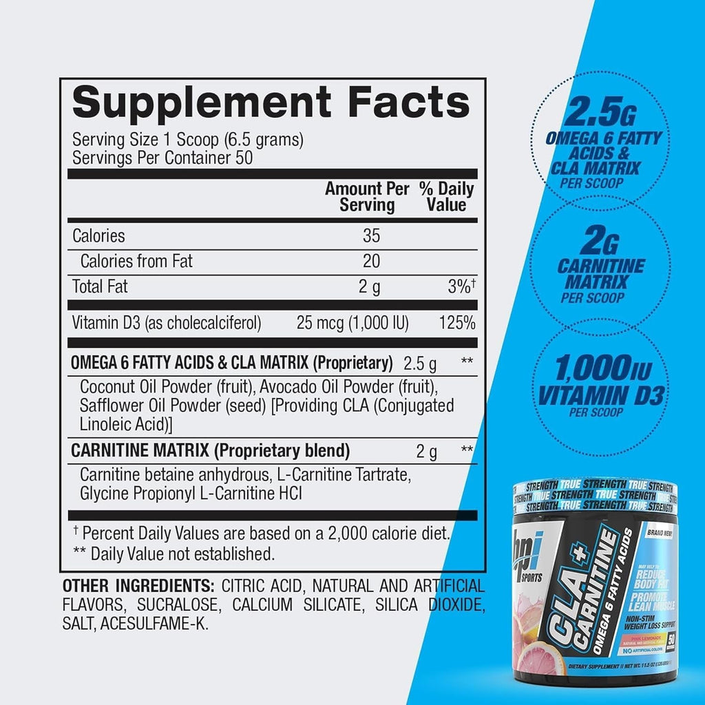 BPI Sports Cla+Carnitine – CLA L Carnitine & Linoleic Acid – L Carnitine Supplement for Weight Loss, Metabolism & Lean Muscle – Caffeine Free – Pink Lemonade – 50 Servings – 12.34 Oz
