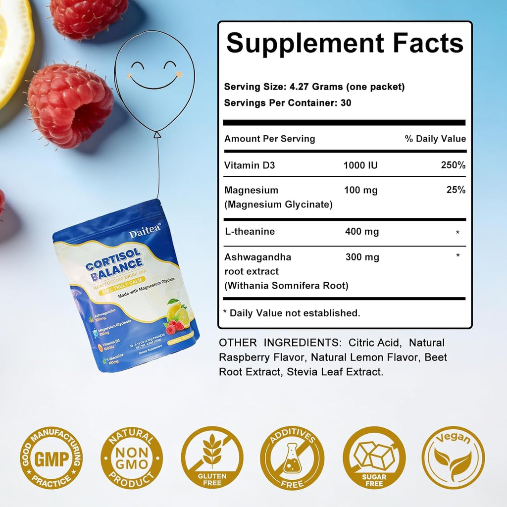 Cortisol Calm Drink Mix with Magnesium Glycinate Powder, L-Theanine, Vitamins, and Ashwagandha for Relaxation & Focus | Adaptogen Drink & Cortisol Support | 30 Packets (Raspberry & Lemon Flavor)